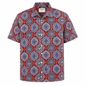 Kardo Handcrafted Cotton Lamar Block Print Shirt Red Blue Medium